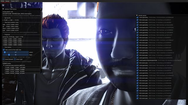 Frame 118777: the recovered view basis, projection matrix and combined view-projection alongside the live pass list, with the free camera driving the main view
