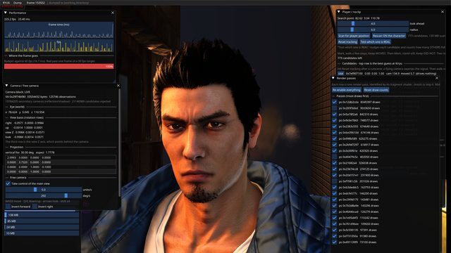 The in-process diagnostic overlay running on the native rehost, frame 153502: frame-time budget, the live camera block read out of memory, player-position candidate scanning, and every render pass listed by its fragment shader