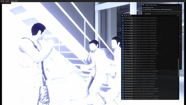 Frame 47819 with most full-screen work skipped, leaving the draws that still compose the scene. Draw counts and indices per draw are listed for each pass